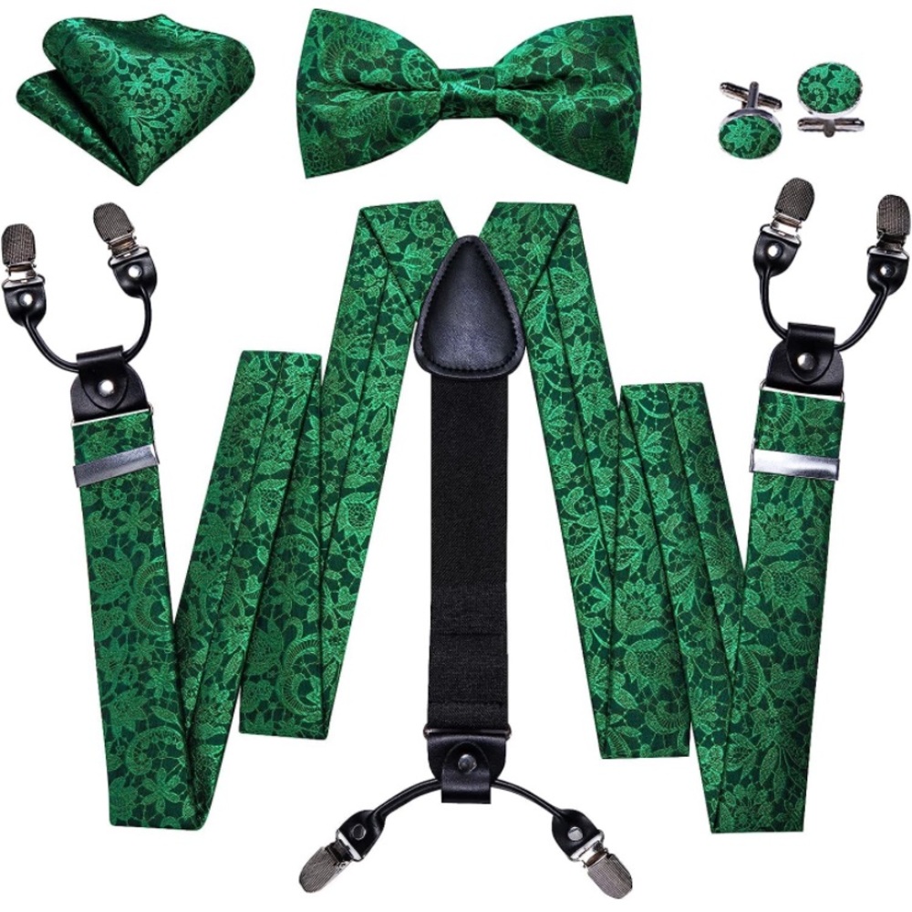 🔥5 for $20🔥 Green Suspenders Pre-tied Bow tie Handkerchief Cuff Links NWT